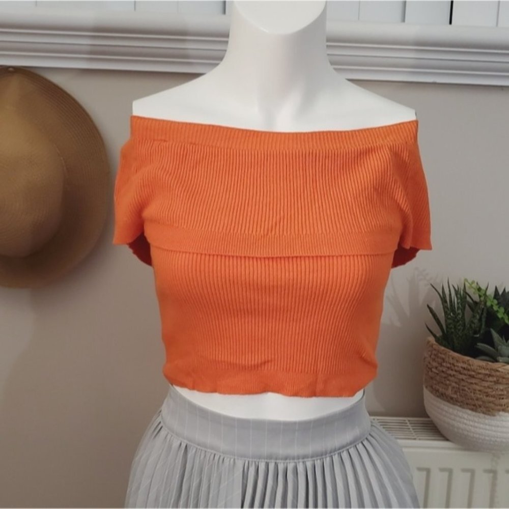 Orange Off the Shoulder Cropped Ribbed top